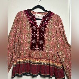Boho Paisley loose Fit Tunic, Long Full Sleeves, Velvet Accents, Metallic Thread